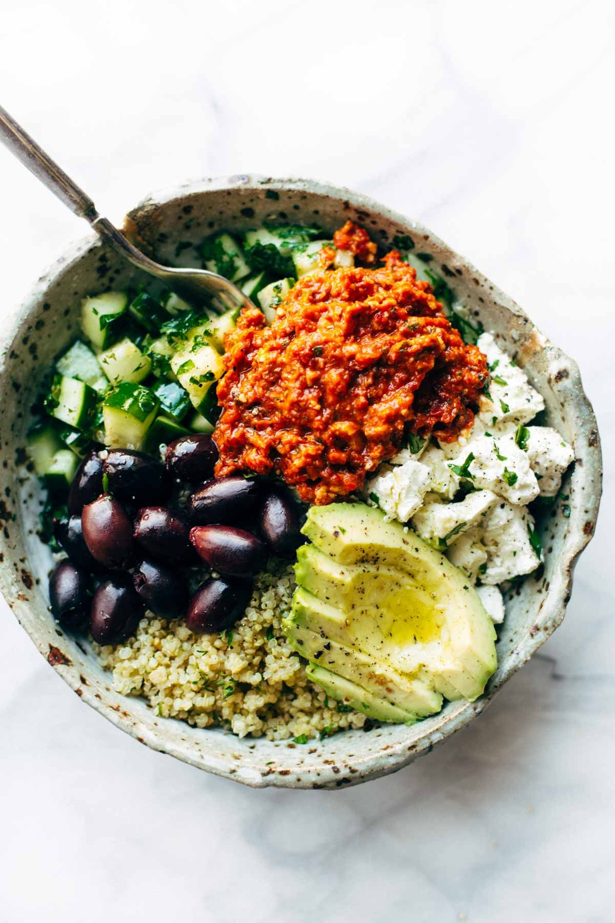 Healthy Quinoa Bowls
 Mediterranean Quinoa Bowls with Roasted Red Pepper Sauce