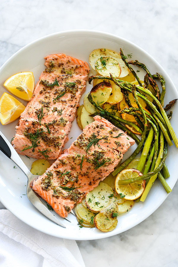 Healthy Salmon Dinner
 Mustard Salmon Sheet Pan Dinner