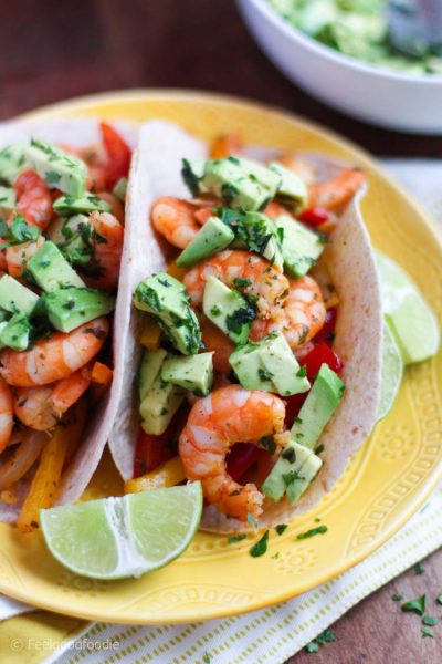 Healthy Shrimp Fajitas
 Shrimp Fajitas with Bell Peppers and Avocado Salsa