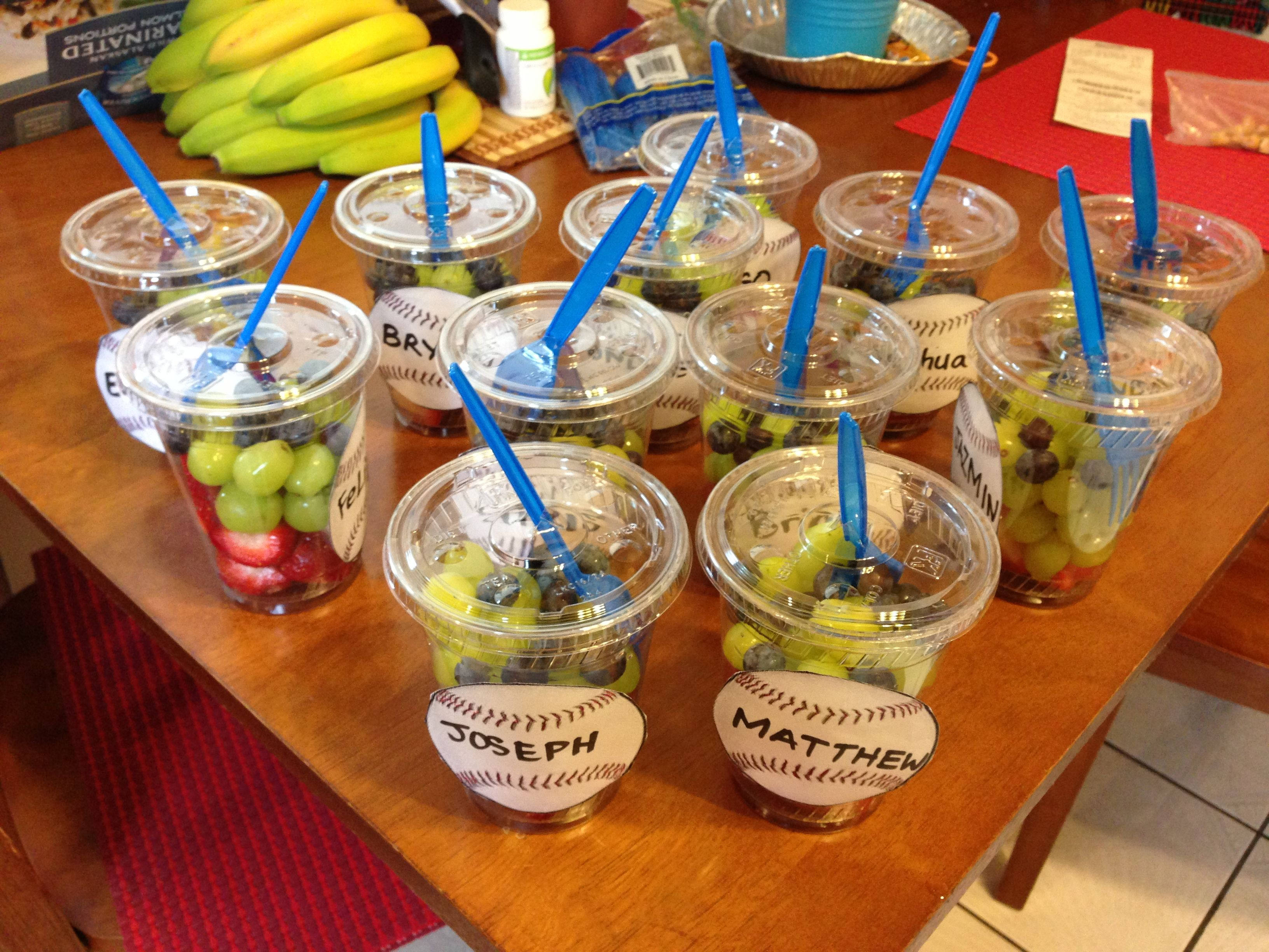 Healthy Sports Snacks
 Baseball themed Fruit Cups for snacks after a game