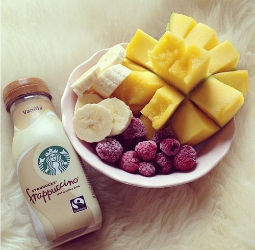 Healthy Starbucks Breakfast
 healthy fruity snack alongside a Starbucks Frappuccino