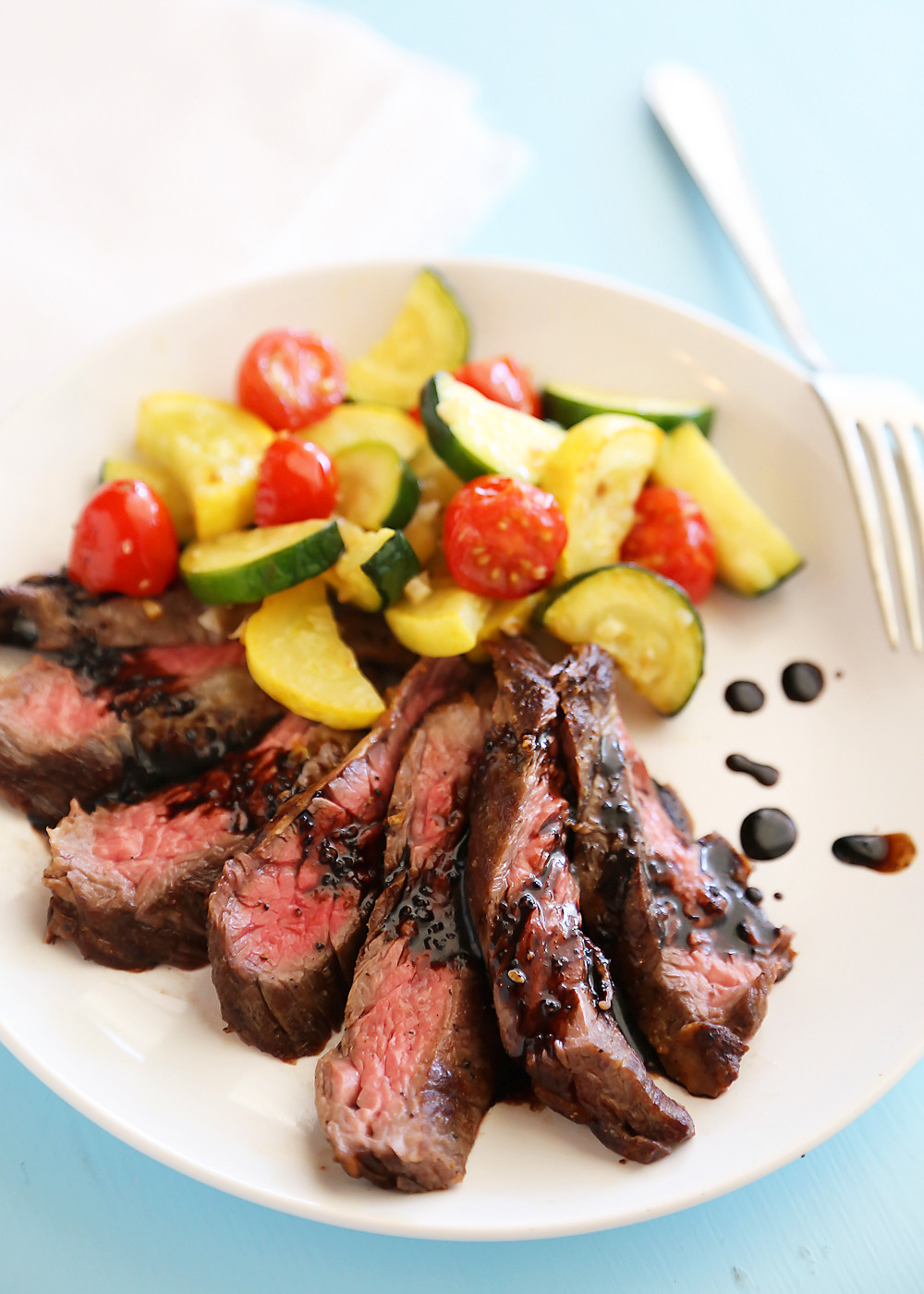 Healthy Steak Dinner
 Skillet Balsamic Skirt Steak with Garlic Zucchini Squash