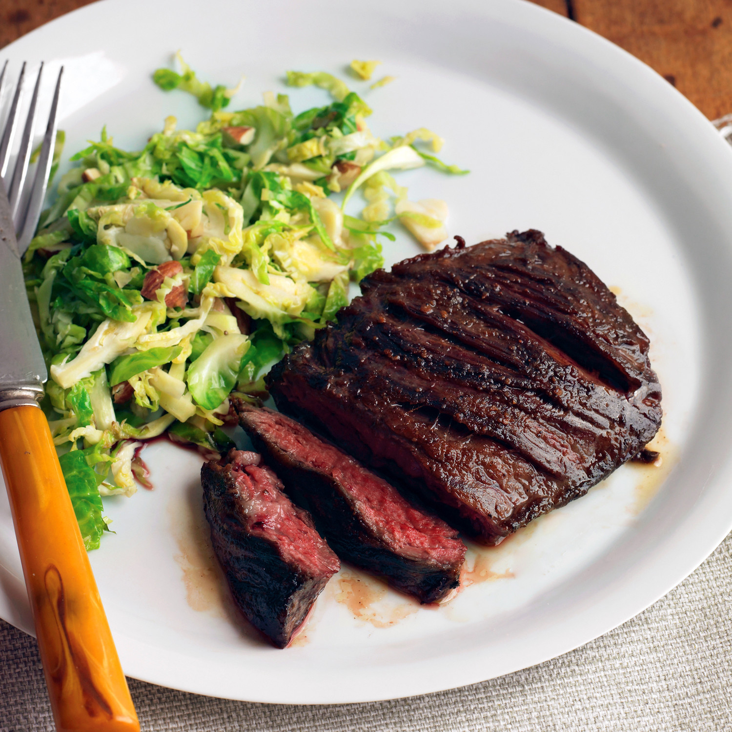 Healthy Steak Dinner
 Seared Steak with Brussels Sprouts and Almonds