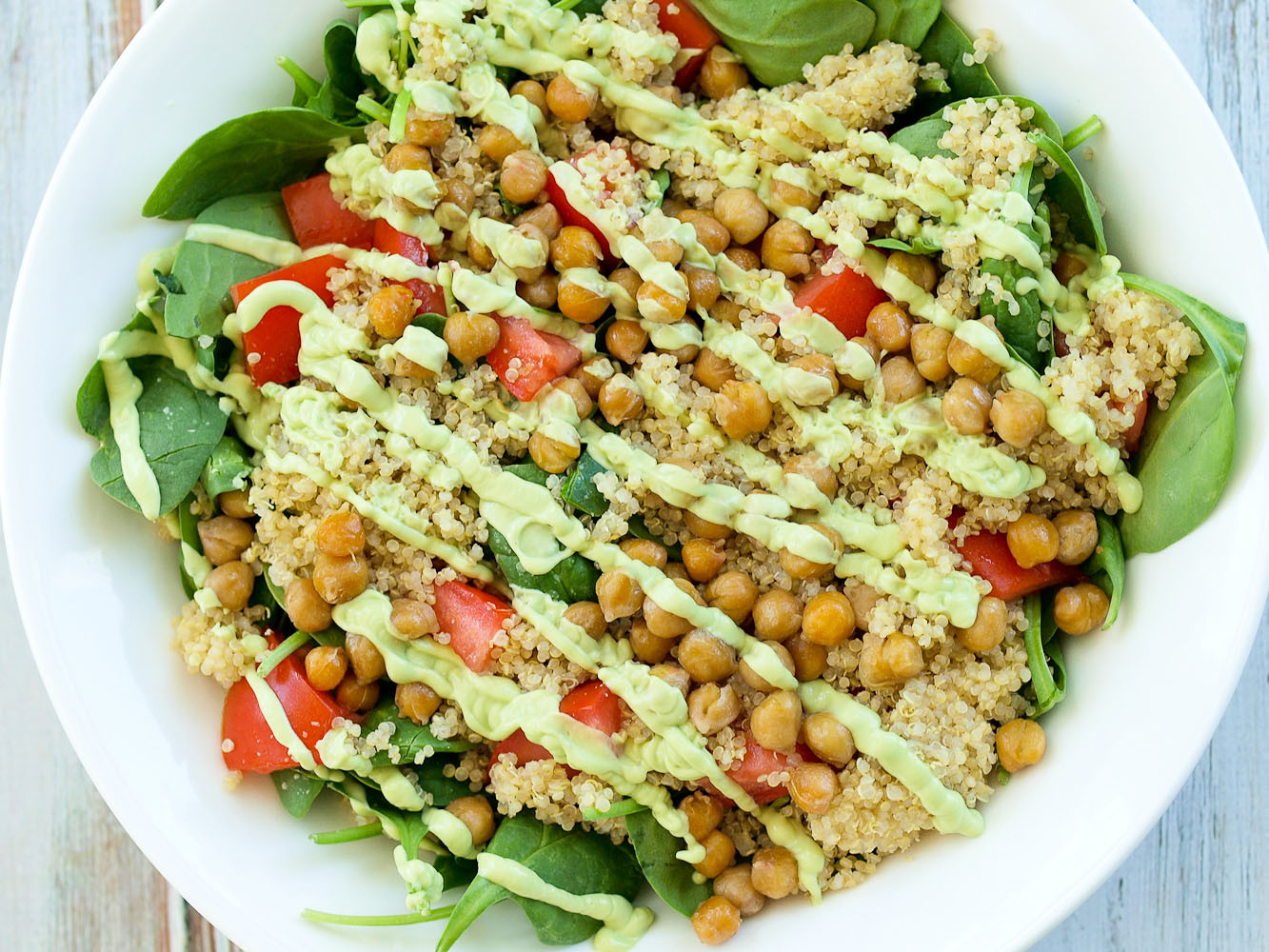 Healthy Vegetarian Salads
 Loaded Spinach Salad with Creamy Avocado Basil Dressing