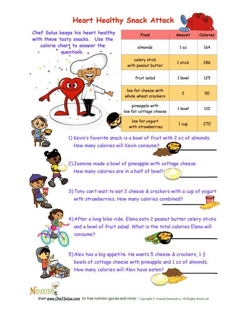 Heart Healthy Snacks
 Heart Healthy Snack Attack Math Worksheet For Kids