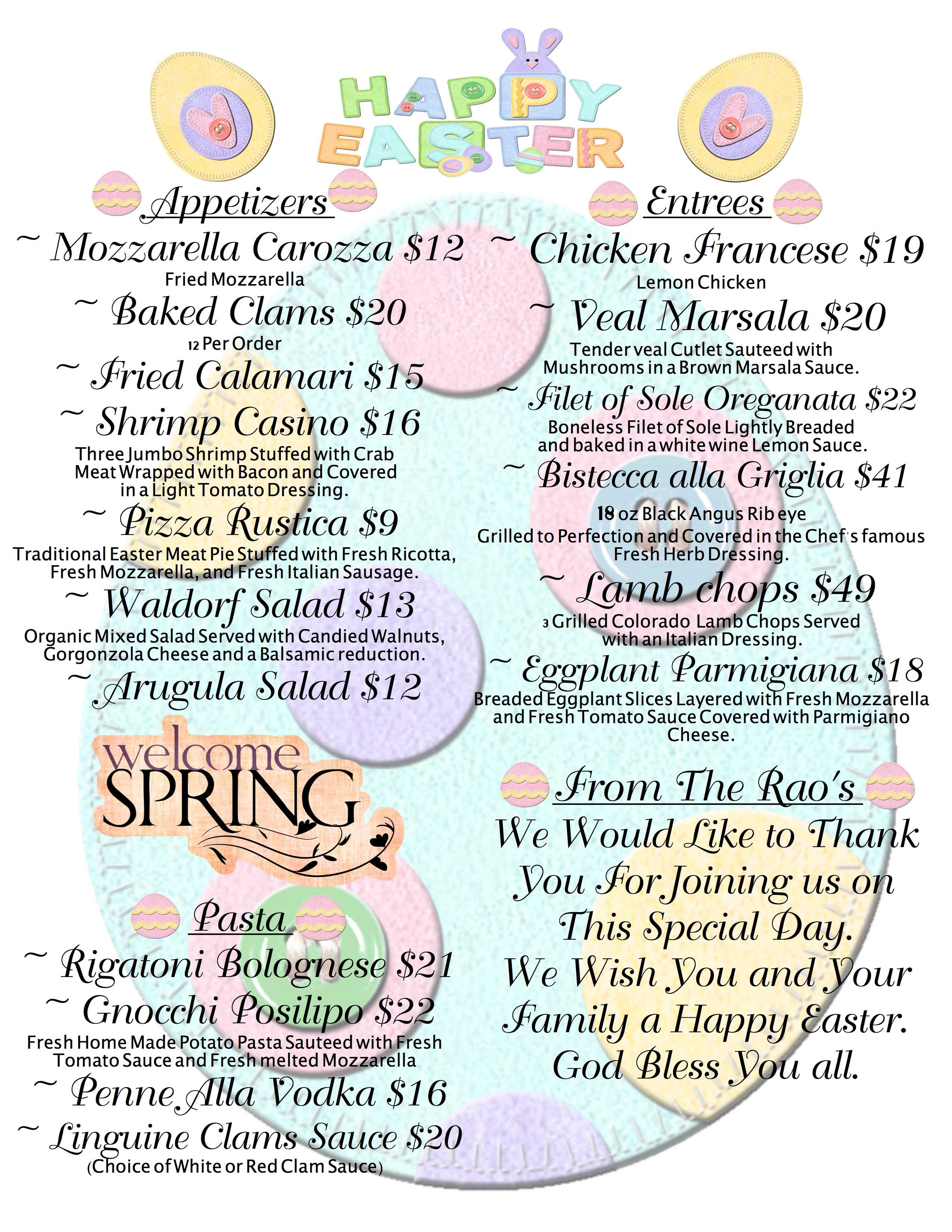 Italian Easter Dinner Menu
 The Lorianna Mama Rao s Italian Restaurant