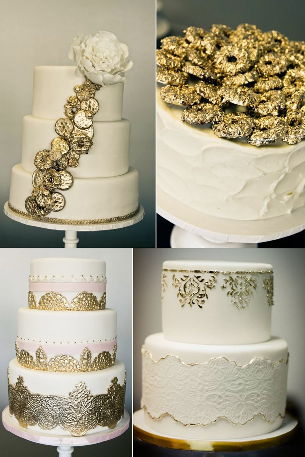 Ivory And Gold Wedding Cakes
 Elegant ivory wedding cakes with gilded gold details