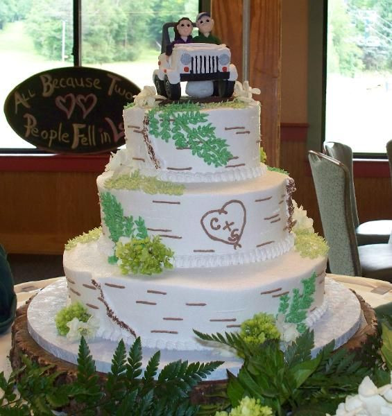 Jeep Wedding Cakes
 Birch bark wedding cake with Jeep topper