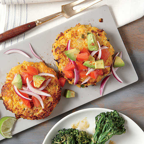 Light Healthy Dinner
 Sweet Potato and Chickpea Cakes with Avocado Salsa