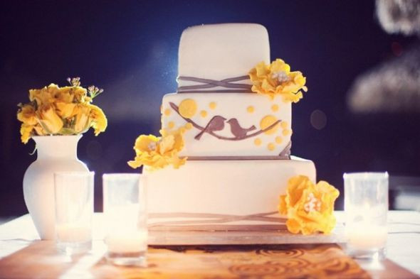 Love Birds Wedding Cakes
 Yellow and Gray inspired Love Birds wedding Weddingbee