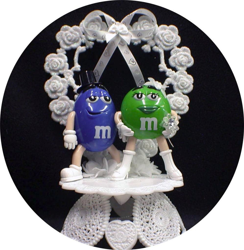 M&amp;M Wedding Cakes
 M&M M & M candy Wedding Cake topper Lot Glasses knife