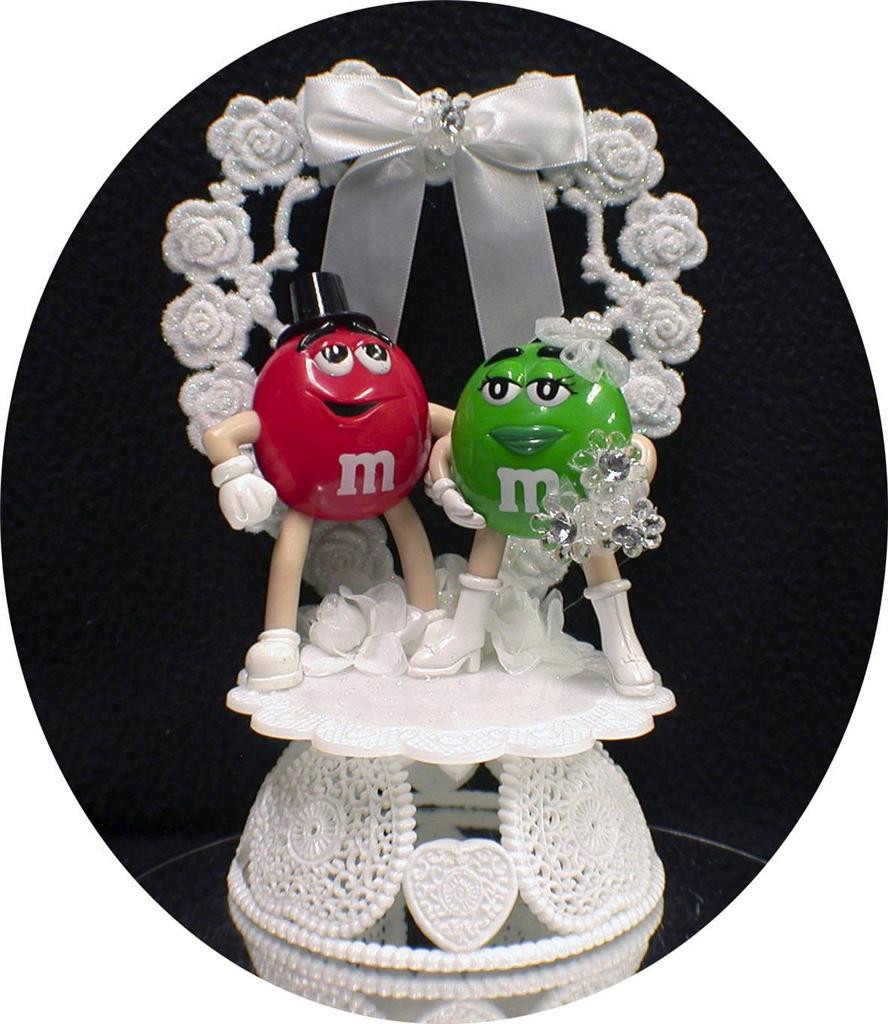 M&amp;M Wedding Cakes
 M&M M & M candy Wedding Cake topper Lot Glasses knife