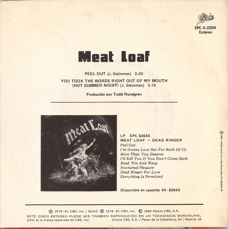 Meatloaf Hot Summer Night
 45cat Meat Loaf Peel Out You Took The Words Right