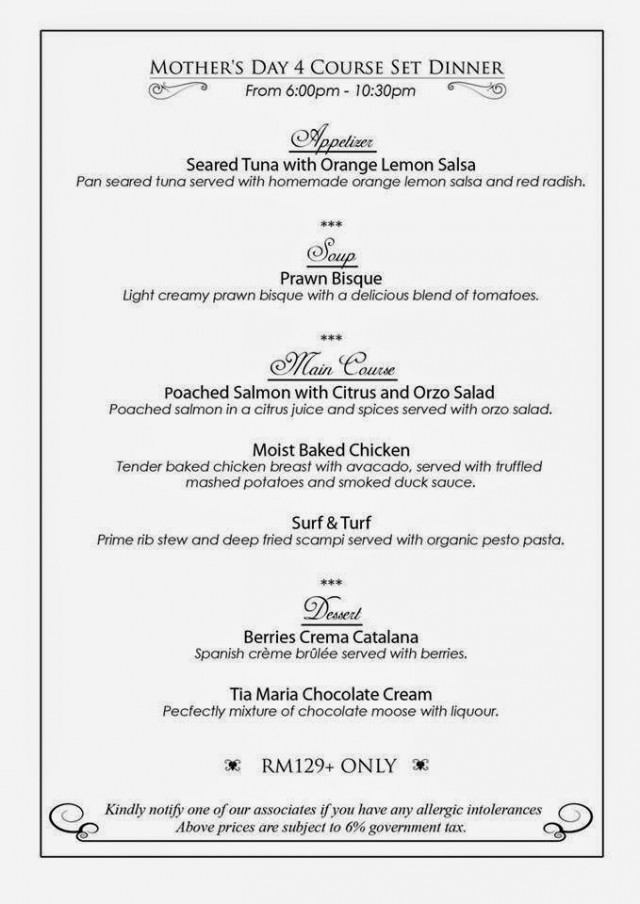 Mother'S Day Dinner Menu
 MOTHER’S DAY PROMOTION AT THE LIMESTONE’S FINE DINING IPOH