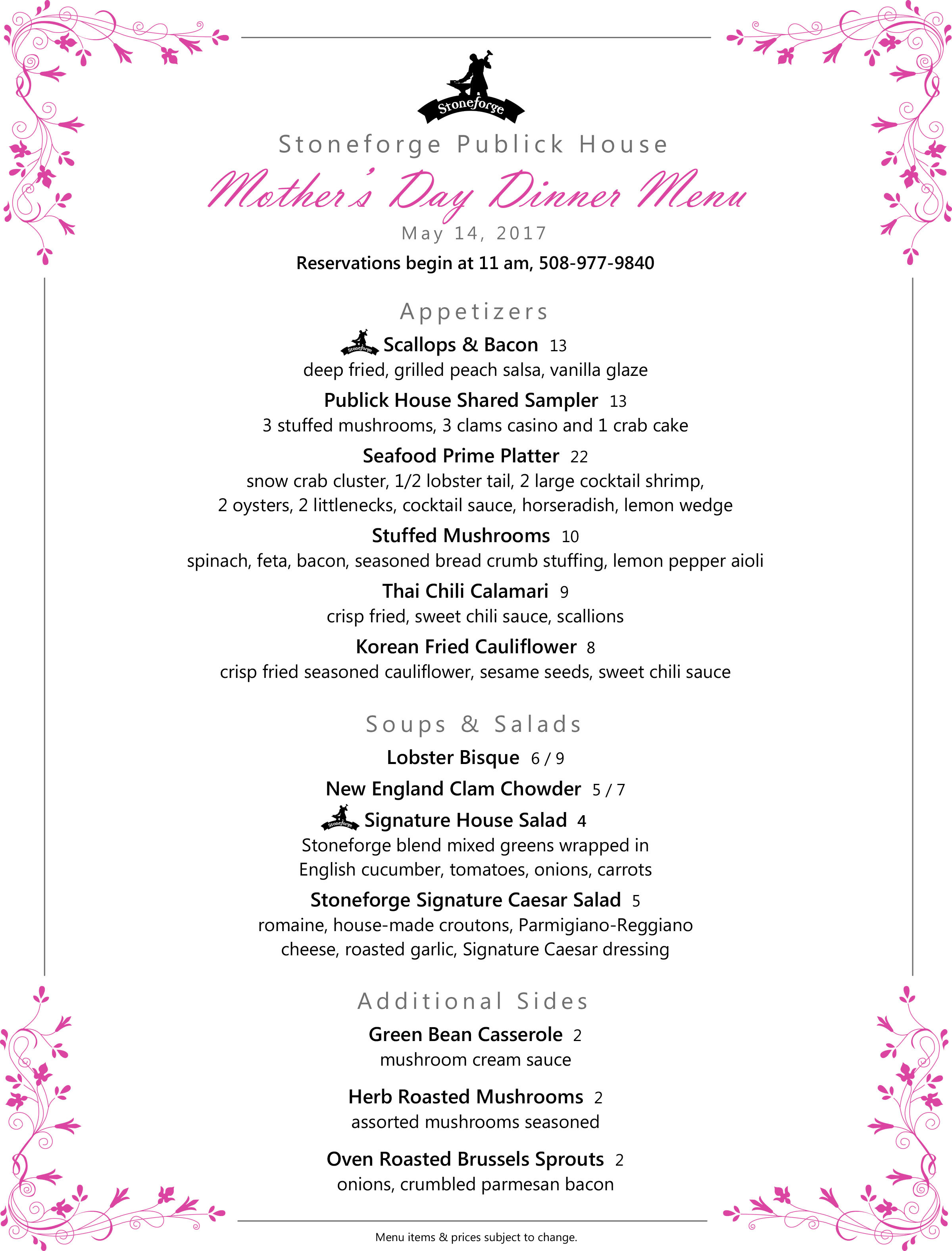 Mothers Day Dinner Menu
 Where to take Mom on Mother’s Day