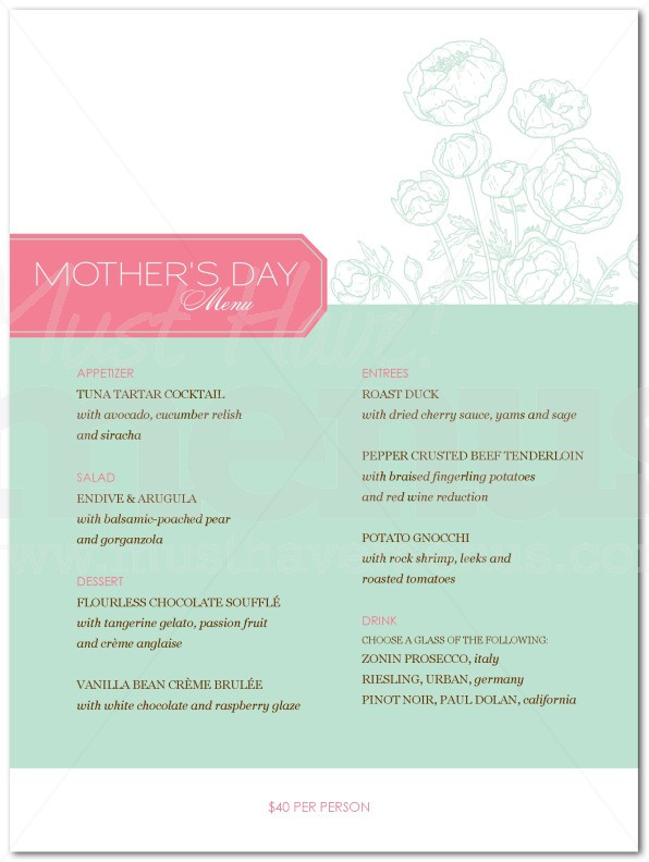 Mothers Day Dinner Menu
 Mothers Day Dinner Menu