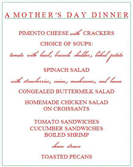 Mothers Day Dinner Menu
 Mothers Day dinner menu Celebrate