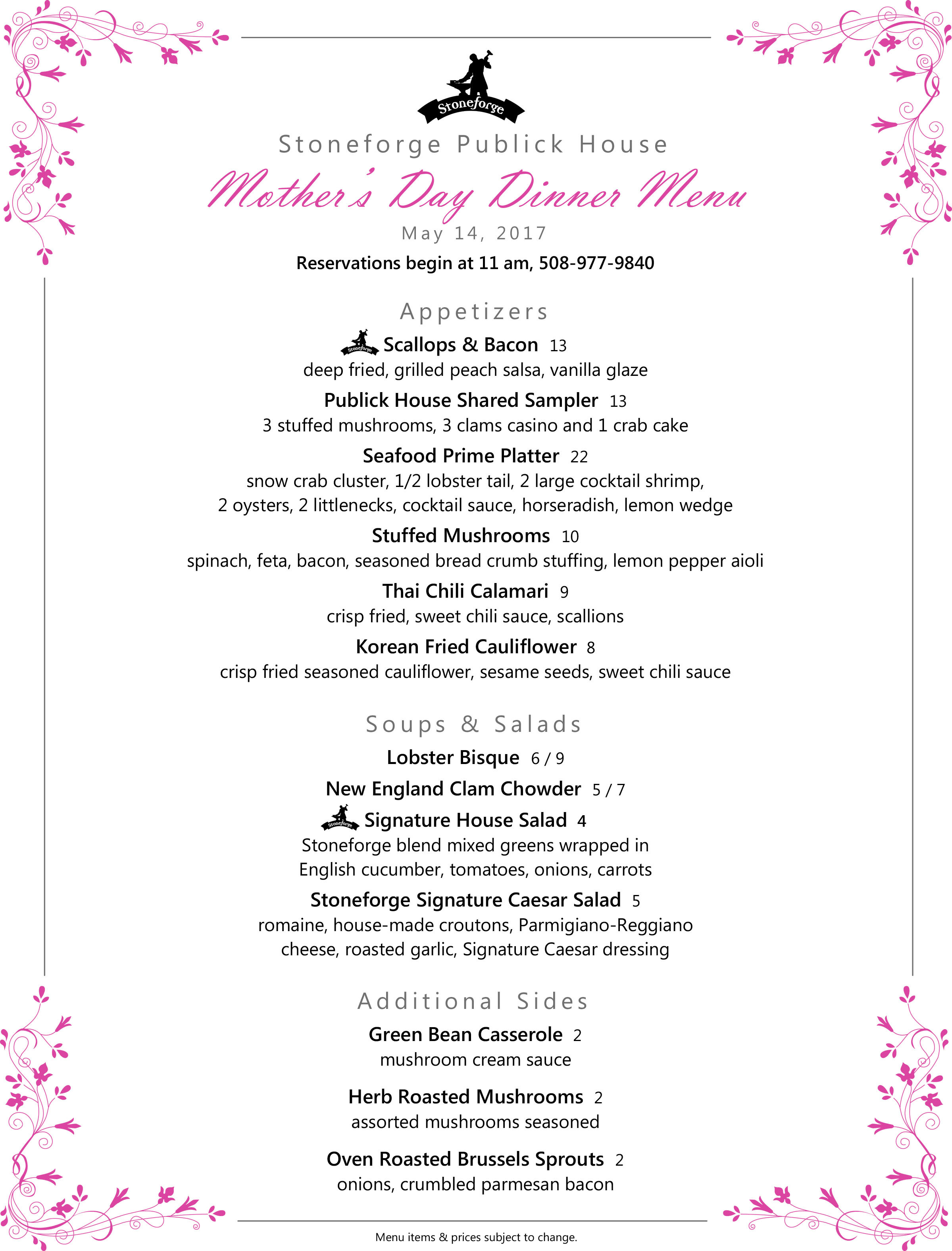 Mothers Day Dinner Menus
 Where to take Mom on Mother’s Day