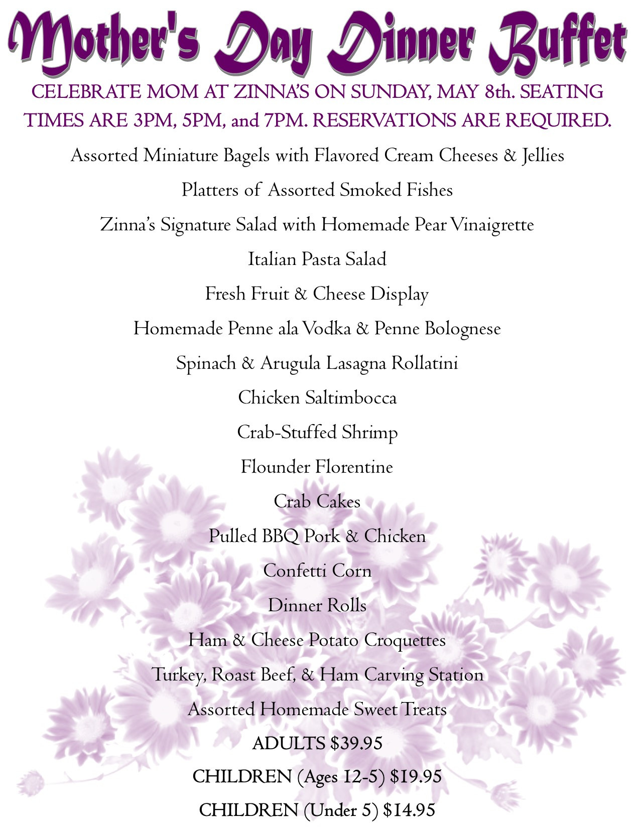 Mothers Day Dinner Menus
 Events