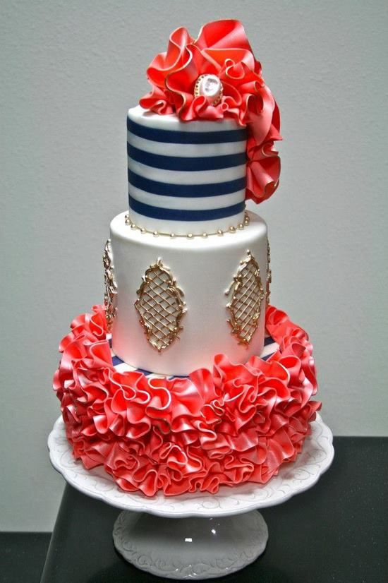 Navy Blue And Coral Wedding Cakes
 blue white and coral wedding cake