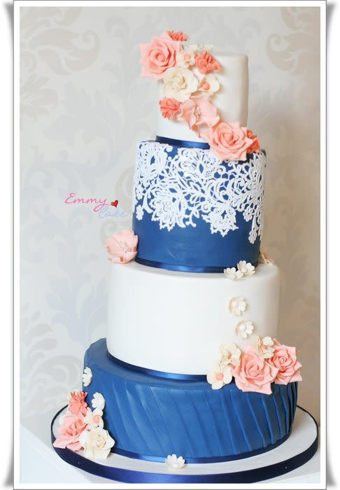 Navy Blue And Coral Wedding Cakes
 navy ivory and coral wedding cake Cake by Emmy CakesDecor