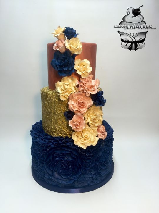 Navy Blue And Gold Wedding Cakes
 Navy Gold and Blush Wedding cake cake by ToreyTLC