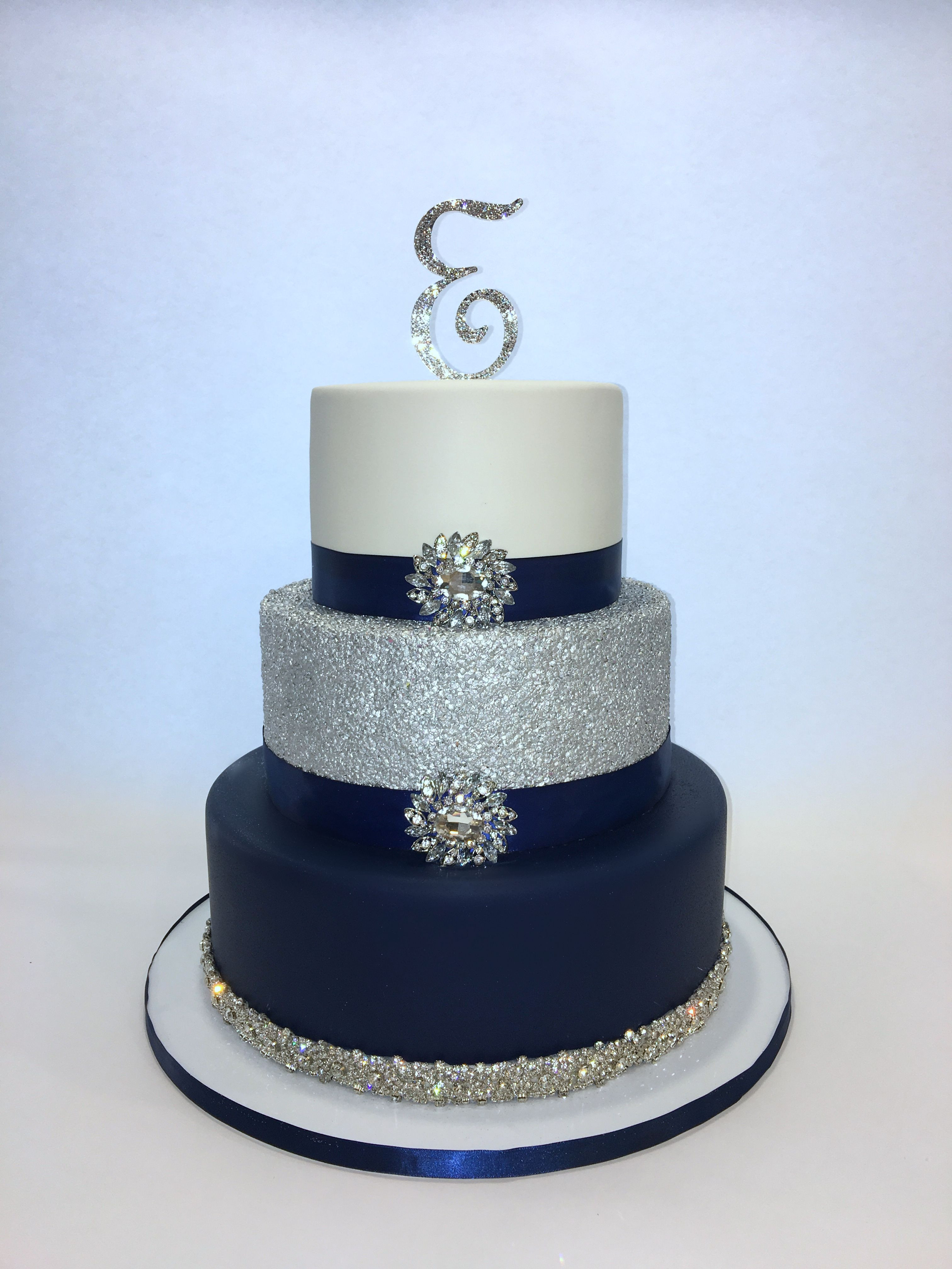 Navy Blue And Silver Wedding Cakes
 Navy Blue Silver and White 3 tier sweet 16 Cake