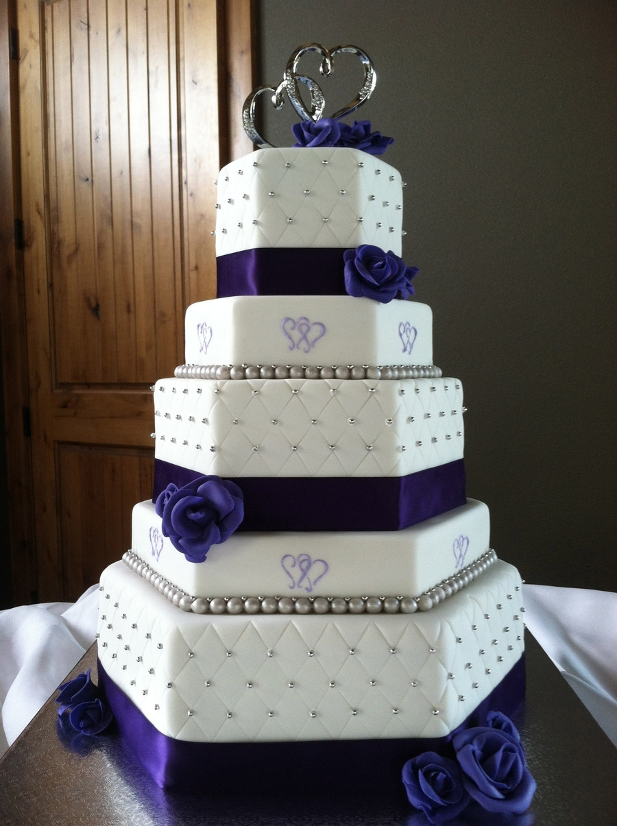 Navy Blue Wedding Cakes
 Two Hearts Themed Purple And Silver Hexagon Wedding Cake