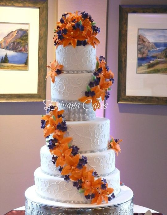 Orange And Purple Wedding Cakes
 Wedding Cake with orange and purple gumpaste flowers