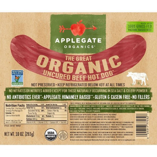 Organic Beef Hot Dogs
 Applegate Farms Organic Beef Hot Dog 10oz Tar