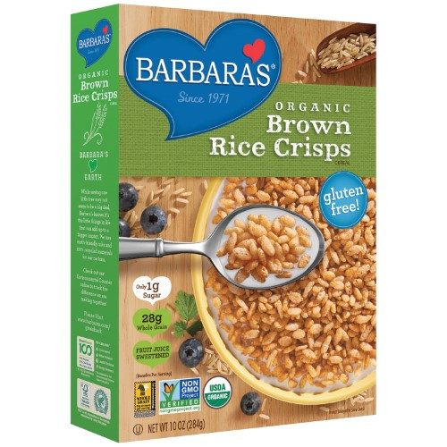 Organic Brown Rice Cereal
 Barbara s Organic Gluten Free Cereal Brown Rice Crisps