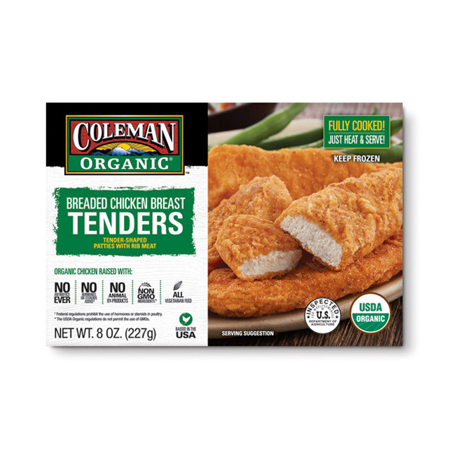 Organic Chicken Tenders
 COLEMAN ORGANIC Breaded Chicken Breast Tenders 8 oz