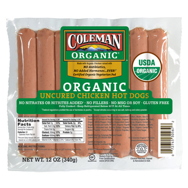 Organic Hot Dogs
 COLEMAN ORGANIC Uncured Chicken Hot Dogs 12 oz