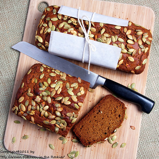 Organic Pumpkin Bread
 Organic EVOO Pumpkin Bread with Pumpkin Seed Topping My