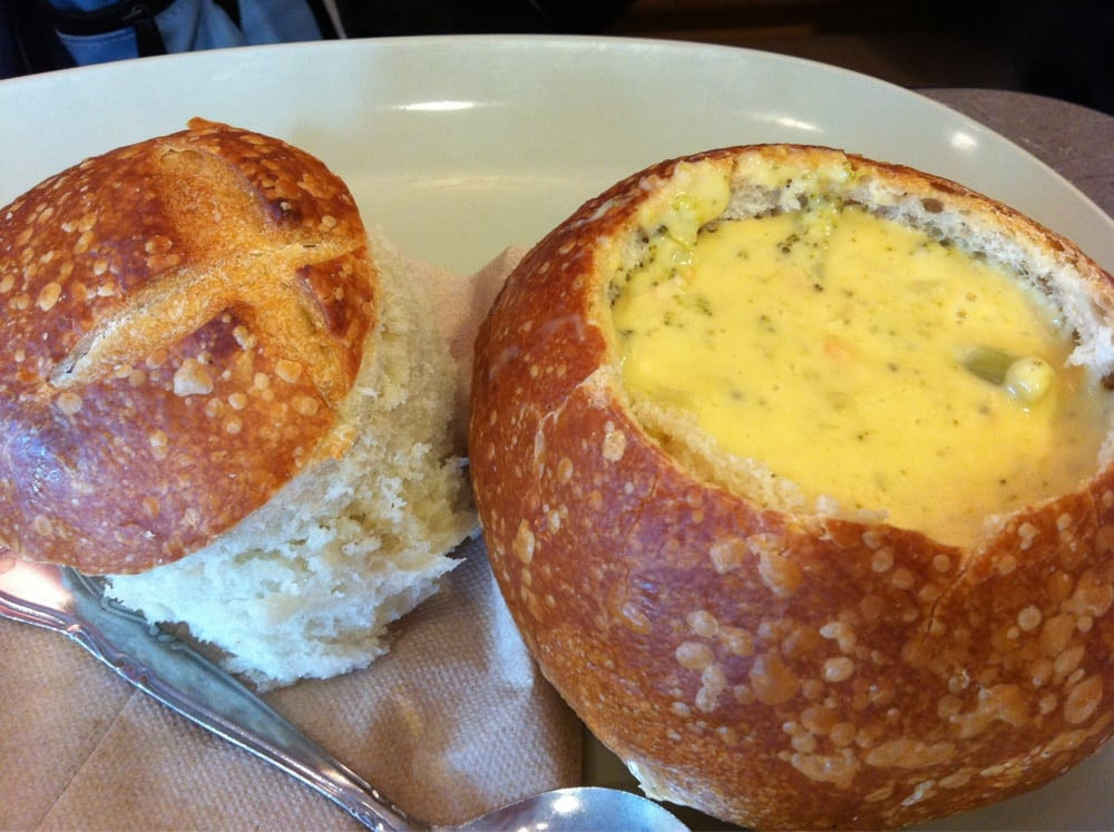 Panera Bread Healthy Choice
 Broccoli Cheddar soup in a bread bowl Yelp