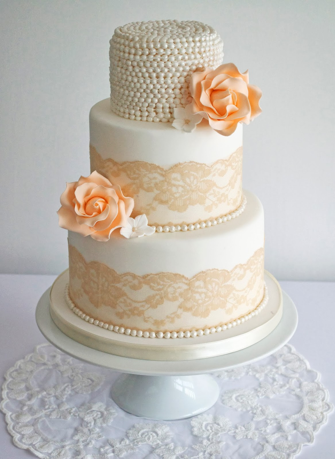 Peach Wedding Cake
 Peach Vintage Lace & Pearls Wedding Cake