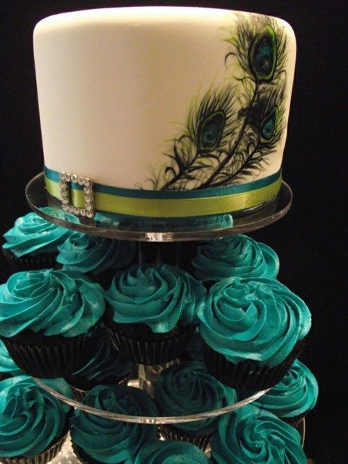 Peacock Wedding Cake With Cupcakes
 Wedding Cake & Cupcakes PEACOCK PALETTE