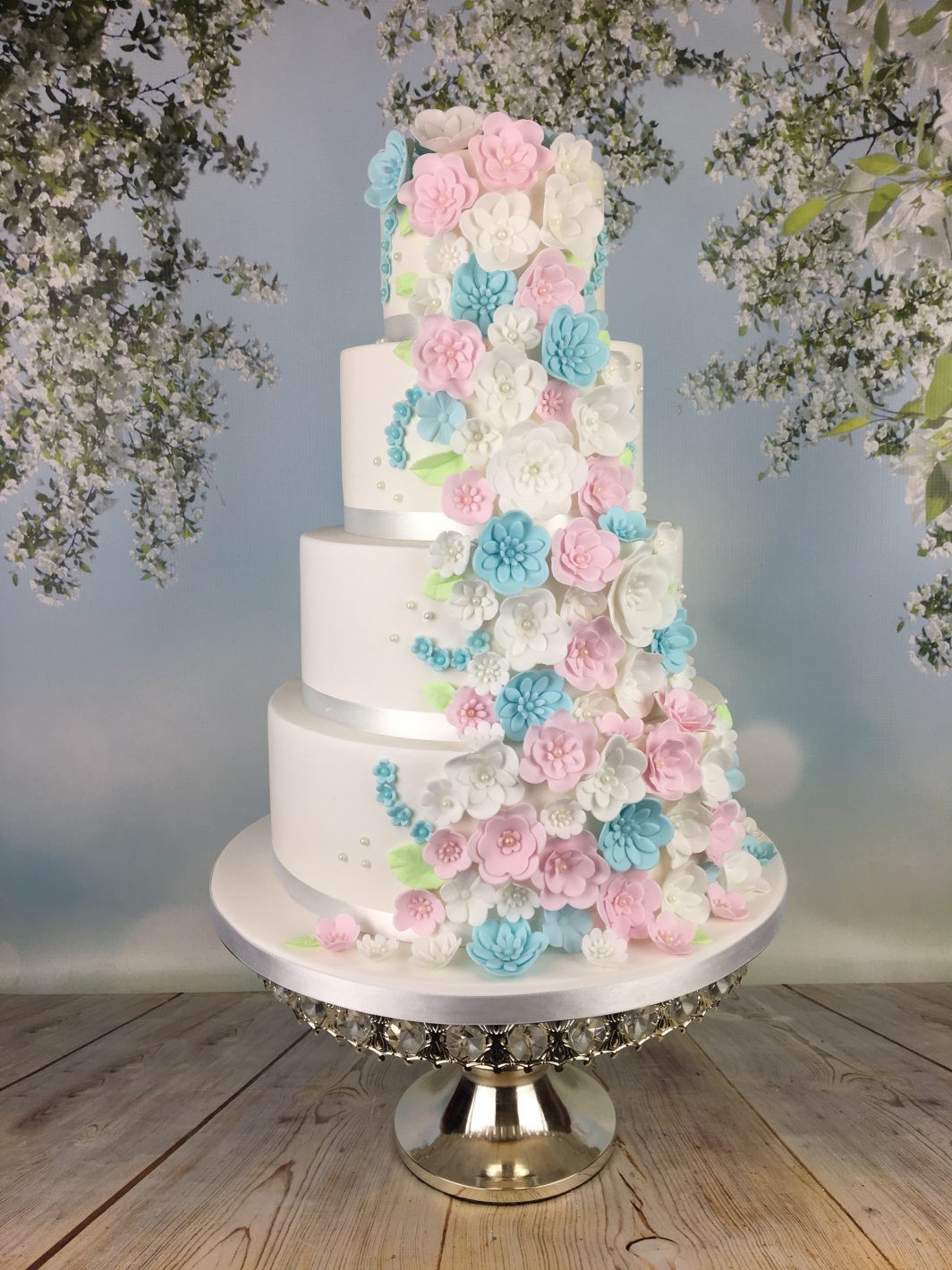 Pink And Blue Wedding Cakes
 Pastel blue and pink blossoms wedding cake Mel s Amazing