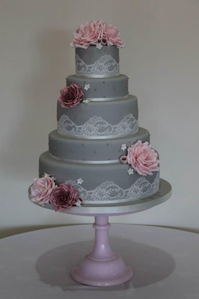Pink And Grey Wedding Cakes
 Grey pink and lace vintage wedding cake