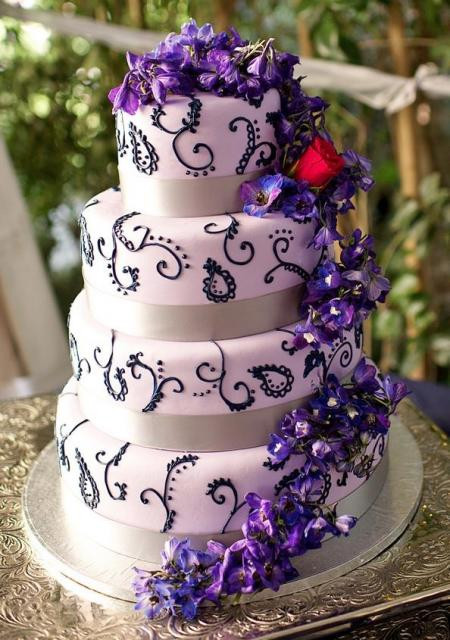 Pink And Purple Wedding Cakes
 4 Tier Pink Wedding Cake Cascading Purple Flowers JPG