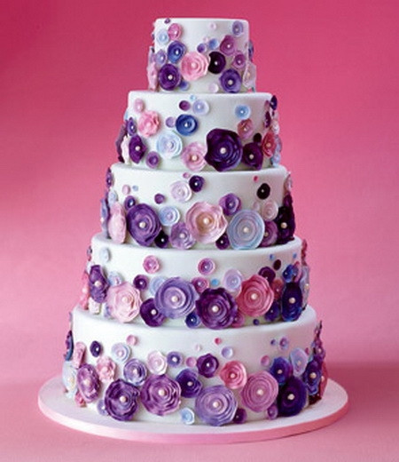 Pink And Purple Wedding Cakes
 Five Tier White Cake with Pink and Purple Flowers