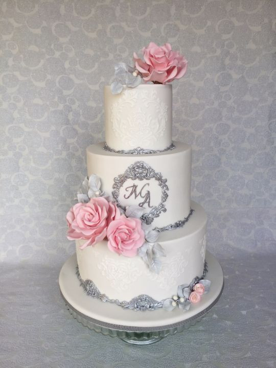 Pink And Silver Wedding Cakes
 White & silver wedding cake cake by Layla A CakesDecor