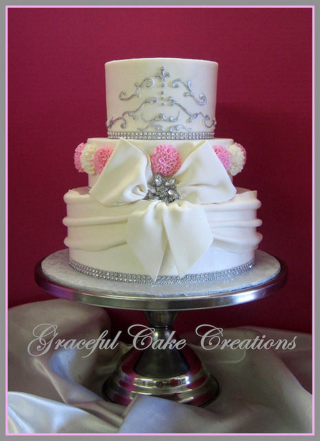 Pink And Silver Wedding Cakes
 Elegant White Butter Cream Wedding Cake with Pink and Silv