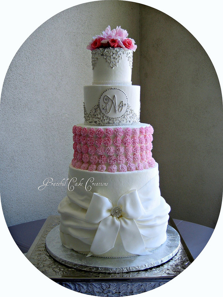Pink And Silver Wedding Cakes
 Elegant White Pink and Silver Wedding Cake