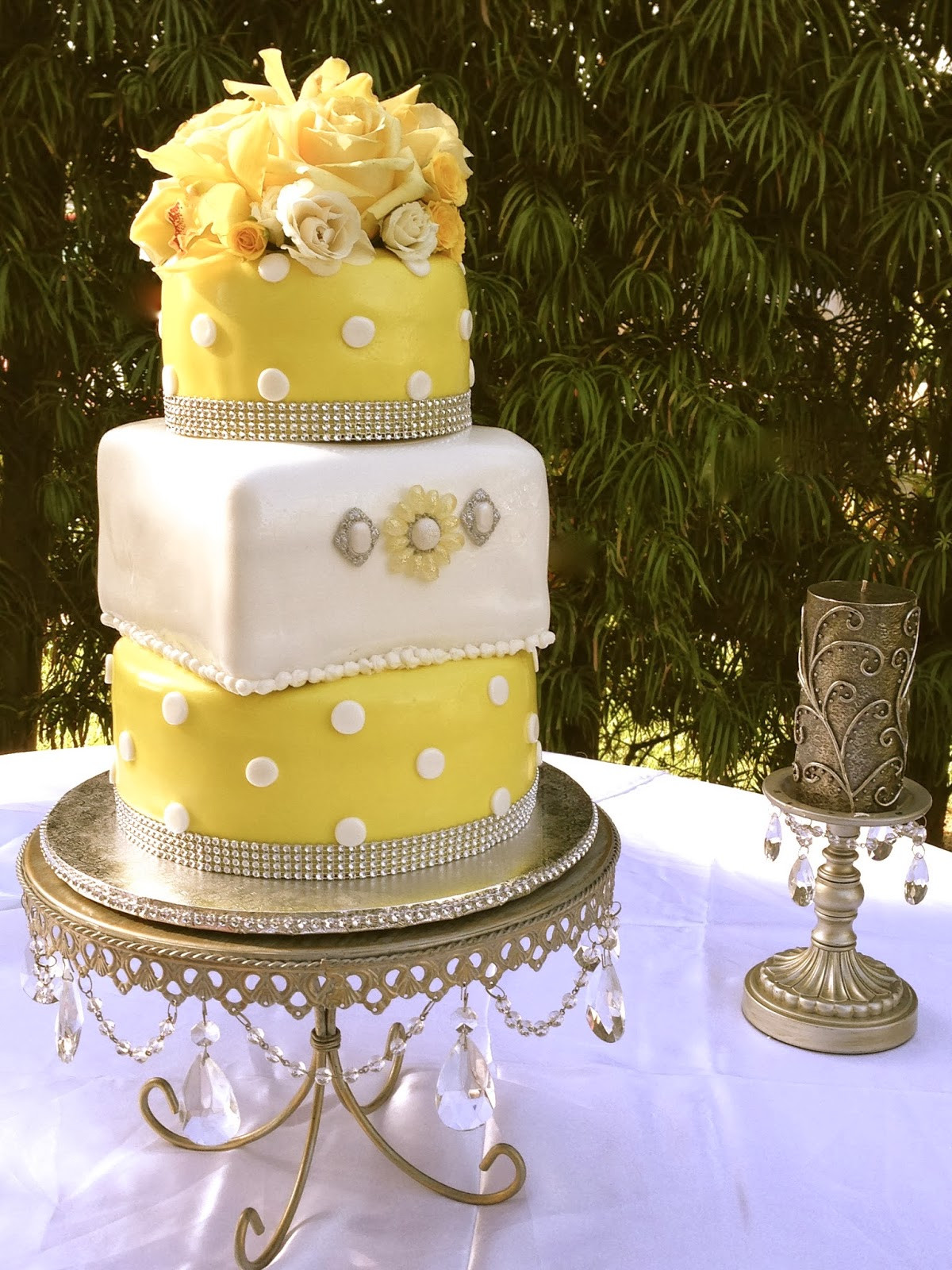 Poka Dot Wedding Cakes
 Plumeria Cake Studio Yellow Polka Dot Wedding Cake and Treats