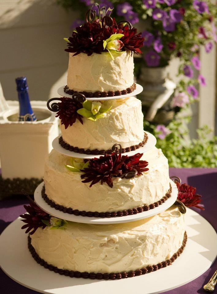 Portland Wedding Cakes
 rustic country messy frosting textured cake purple dahlia