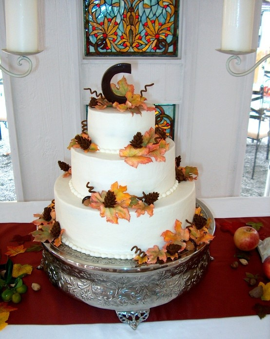 Pound Cake Wedding Cake
 Autumn wedding cake with a chocolate "C " Leaves and other