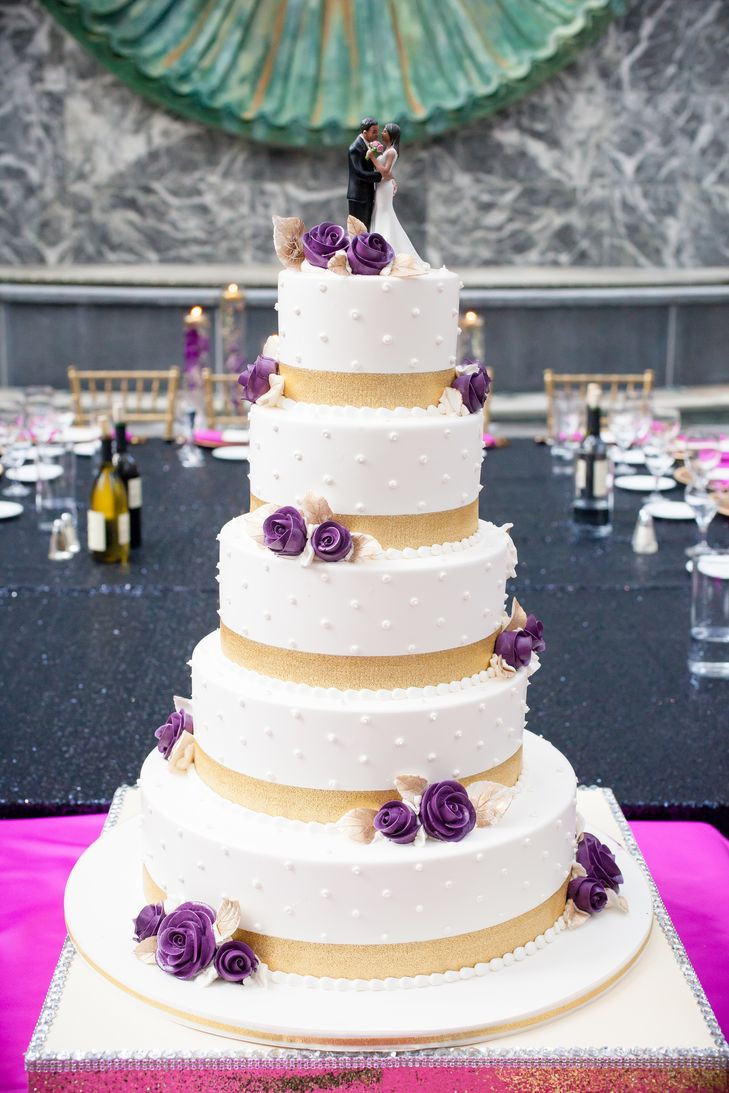 Purple And Gold Wedding Cakes
 Five Tier White Gold and Purple Wedding Cake