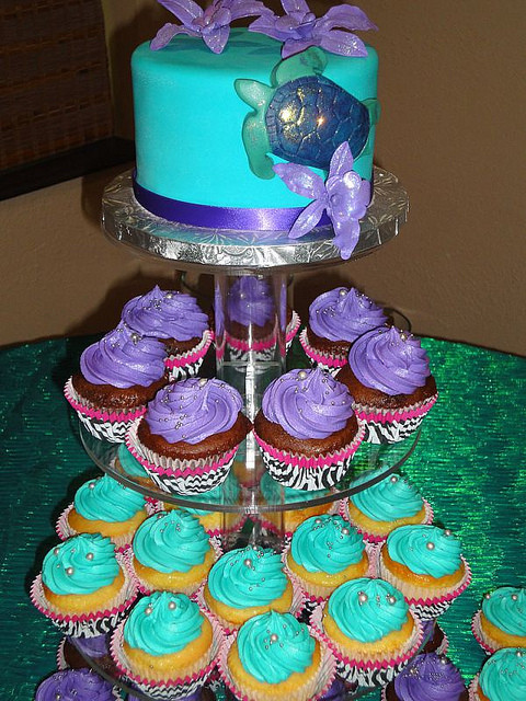 Purple And Teal Wedding Cakes
 Teal and Purple Zoo Wedding Cake and Cupcake Tower