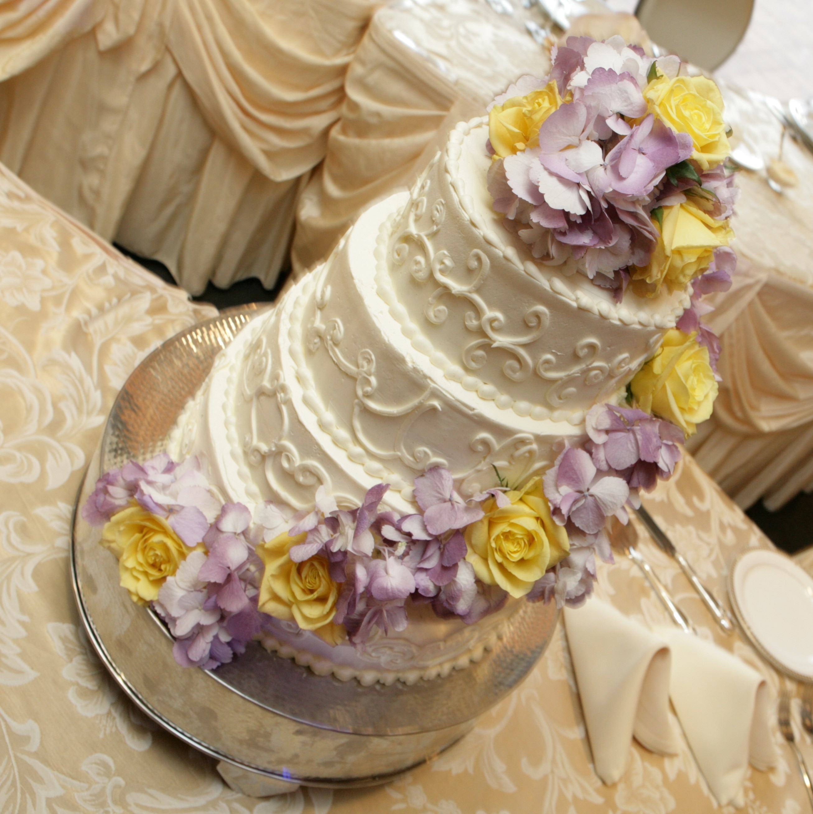 Purple And Yellow Wedding Cake
 Cascade of Flowersvendors Monday Morning Flowers Project